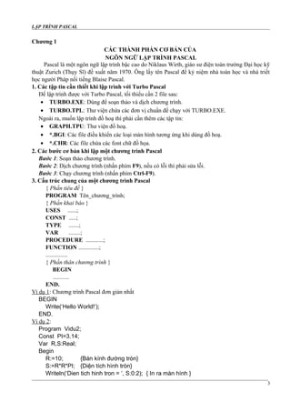 LẬP TRÌNH PASCAL
Chương 1
CÁC THÀNH PHẦN CƠ BẢN CỦA
NGÔN NGỮ LẬP TRÌNH PASCAL
Pascal là một ngôn ngữ lập trình bậc cao do Niklaus Wirth, giáo sư điện toán trường Đại học kỹ
thuật Zurich (Thụy Sĩ) đề xuất năm 1970. Ông lấy tên Pascal để kỷ niệm nhà toán học và nhà triết
học người Pháp nổi tiếng Blaise Pascal.
1. Các tập tin cần thiết khi lập trình với Turbo Pascal
Để lập trình được với Turbo Pascal, tối thiểu cần 2 file sau:
• TURBO.EXE: Dùng để soạn thảo và dịch chương trình.
• TURBO.TPL: Thư viện chứa các đơn vị chuẩn để chạy với TURBO.EXE.
Ngoài ra, muốn lập trình đồ hoạ thì phải cần thêm các tập tin:
• GRAPH.TPU: Thư viện đồ hoạ.
• *.BGI: Các file điều khiển các loại màn hình tương ứng khi dùng đồ hoạ.
• *.CHR: Các file chứa các font chữ đồ họa.
2. Các bước cơ bản khi lập một chương trình Pascal
Bước 1: Soạn thảo chương trình.
Bước 2: Dịch chương trình (nhấn phím F9), nếu có lỗi thì phải sửa lỗi.
Bước 3: Chạy chương trình (nhấn phím Ctrl-F9).
3. Cấu trúc chung của một chương trình Pascal
{ Phần tiêu đề }
PROGRAM Tên_chương_trình;
{ Phần khai báo }
USES ......;
CONST .....;
TYPE .......;
VAR ........;
PROCEDURE ............;
FUNCTION ..............;
...............
{ Phần thân chương trình }
BEGIN
...........
END.
Ví dụ 1: Chương trình Pascal đơn giản nhất
BEGIN
Write(‘Hello World!’);
END.
Ví dụ 2:
Program Vidu2;
Const PI=3.14;
Var R,S:Real;
Begin
R:=10; {Bán kính đường tròn}
S:=R*R*PI; {Diện tích hình tròn}
Writeln(‘Dien tich hinh tron = ‘, S:0:2); { In ra màn hình }
3
 