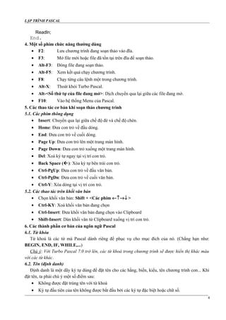 LẬP TRÌNH PASCAL
Readln;
End.
4. Một số phím chức năng thường dùng
• F2: Lưu chương trình đang soạn thảo vào đĩa.
• F3: Mở file mới hoặc file đã tồn tại trên đĩa để soạn thảo.
• Alt-F3: Đóng file đang soạn thảo.
• Alt-F5: Xem kết quả chạy chương trình.
• F8: Chạy từng câu lệnh một trong chương trình.
• Alt-X: Thoát khỏi Turbo Pascal.
• Alt-<Số thứ tự của file đang mở>: Dịch chuyển qua lại giữa các file đang mở.
• F10: Vào hệ thống Menu của Pascal.
5. Các thao tác cơ bản khi soạn thảo chương trình
5.1. Các phím thông dụng
• Insert: Chuyển qua lại giữa chế độ đè và chế độ chèn.
• Home: Đưa con trỏ về đầu dòng.
• End: Đưa con trỏ về cuối dòng.
• Page Up: Đưa con trỏ lên một trang màn hình.
• Page Down: Đưa con trỏ xuống một trang màn hình.
• Del: Xoá ký tự ngay tại vị trí con trỏ.
• Back Space (): Xóa ký tự bên trái con trỏ.
• Ctrl-PgUp: Đưa con trỏ về đầu văn bản.
• Ctrl-PgDn: Đưa con trỏ về cuối văn bản.
• Ctrl-Y: Xóa dòng tại vị trí con trỏ.
5.2. Các thao tác trên khối văn bản
• Chọn khối văn bản: Shift + <Các phím ←↑→↓ >
• Ctrl-KY: Xoá khối văn bản đang chọn
• Ctrl-Insert: Đưa khối văn bản đang chọn vào Clipboard
• Shift-Insert: Dán khối văn từ Clipboard xuống vị trí con trỏ.
6. Các thành phần cơ bản của ngôn ngữ Pascal
6.1. Từ khóa
Từ khoá là các từ mà Pascal dành riêng để phục vụ cho mục đích của nó. (Chẳng hạn như:
BEGIN, END, IF, WHILE,...)
Chú ý: Với Turbo Pascal 7.0 trở lên, các từ khoá trong chương trình sẽ được hiển thị khác màu
với các từ khác.
6.2. Tên (định danh)
Định danh là một dãy ký tự dùng để đặt tên cho các hằng, biến, kiểu, tên chương trình con... Khi
đặt tên, ta phải chú ý một số điểm sau:
• Không được đặt trùng tên với từ khoá
• Ký tự đầu tiên của tên không được bắt đầu bởi các ký tự đặc biệt hoặc chữ số.
4
 