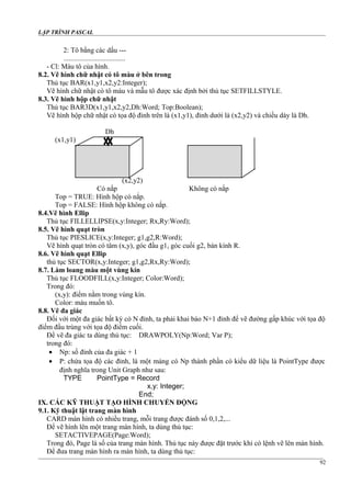 LẬP TRÌNH PASCAL
2: Tô bằng các dấu ---
...................................
- Cl: Màu tô của hình.
8.2. Vẽ hình chữ nhật có tô màu ở bên trong
Thủ tục BAR(x1,y1,x2,y2:Integer);
Vẽ hình chữ nhật có tô màu và mẫu tô được xác định bởi thủ tục SETFILLSTYLE.
8.3. Vẽ hình hộp chữ nhật
Thủ tục BAR3D(x1,y1,x2,y2,Dh:Word; Top:Boolean);
Vẽ hình hộp chữ nhật có tọa độ đỉnh trên là (x1,y1), đỉnh dưới là (x2,y2) và chiều dày là Dh.
Dh
(x1,y1)
(x2,y2)
Có nắp Không có nắp
Top = TRUE: Hình hộp có nắp.
Top = FALSE: Hình hộp không có nắp.
8.4.Vẽ hình Ellip
Thủ tục FILLELLIPSE(x,y:Integer; Rx,Ry:Word);
8.5. Vẽ hình quạt tròn
Thủ tục PIESLICE(x,y:Integer; g1,g2,R:Word);
Vẽ hình quạt tròn có tâm (x,y), góc đầu g1, góc cuối g2, bán kính R.
8.6. Vẽ hình quạt Ellip
thủ tục SECTOR(x,y:Integer; g1,g2,Rx,Ry:Word);
8.7. Làm loang màu một vùng kín
Thủ tục FLOODFILL(x,y:Integer; Color:Word);
Trong đó:
(x,y): điểm nằm trong vùng kín.
Color: màu muốn tô.
8.8. Vẽ đa giác
Đối với một đa giác bất kỳ có N đỉnh, ta phải khai báo N+1 đỉnh để vẽ đường gấp khúc với tọa độ
điểm đầu trùng với tọa độ điểm cuối.
Để vẽ đa giác ta dùng thủ tục: DRAWPOLY(Np:Word; Var P);
trong đó:
• Np: số đỉnh của đa giác + 1
• P: chứa tọa độ các đỉnh, là một mảng có Np thành phần có kiểu dữ liệu là PointType được
định nghĩa trong Unit Graph như sau:
TYPE PointType = Record
x,y: Integer;
End;
IX. CÁC KỸ THUẬT TẠO HÌNH CHUYỂN ĐỘNG
9.1. Kỹ thuật lật trang màn hình
CARD màn hình có nhiều trang, mỗi trang được đánh số 0,1,2,...
Để vẽ hình lên một trang màn hình, ta dùng thủ tục:
SETACTIVEPAGE(Page:Word);
Trong đó, Page là số của trang màn hình. Thủ tục này được đặt trước khi có lệnh vẽ lên màn hình.
Để đưa trang màn hình ra màn hình, ta dùng thủ tục:
92
 