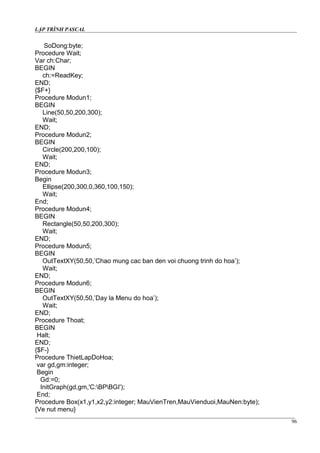 LẬP TRÌNH PASCAL
SoDong:byte;
Procedure Wait;
Var ch:Char;
BEGIN
ch:=ReadKey;
END;
{$F+}
Procedure Modun1;
BEGIN
Line(50,50,200,300);
Wait;
END;
Procedure Modun2;
BEGIN
Circle(200,200,100);
Wait;
END;
Procedure Modun3;
Begin
Ellipse(200,300,0,360,100,150);
Wait;
End;
Procedure Modun4;
BEGIN
Rectangle(50,50,200,300);
Wait;
END;
Procedure Modun5;
BEGIN
OutTextXY(50,50,’Chao mung cac ban den voi chuong trinh do hoa’);
Wait;
END;
Procedure Modun6;
BEGIN
OutTextXY(50,50,’Day la Menu do hoa’);
Wait;
END;
Procedure Thoat;
BEGIN
Halt;
END;
{$F-}
Procedure ThietLapDoHoa;
var gd,gm:integer;
Begin
Gd:=0;
InitGraph(gd,gm,'C:BPBGI');
End;
Procedure Box(x1,y1,x2,y2:integer; MauVienTren,MauVienduoi,MauNen:byte);
{Ve nut menu}
96
 