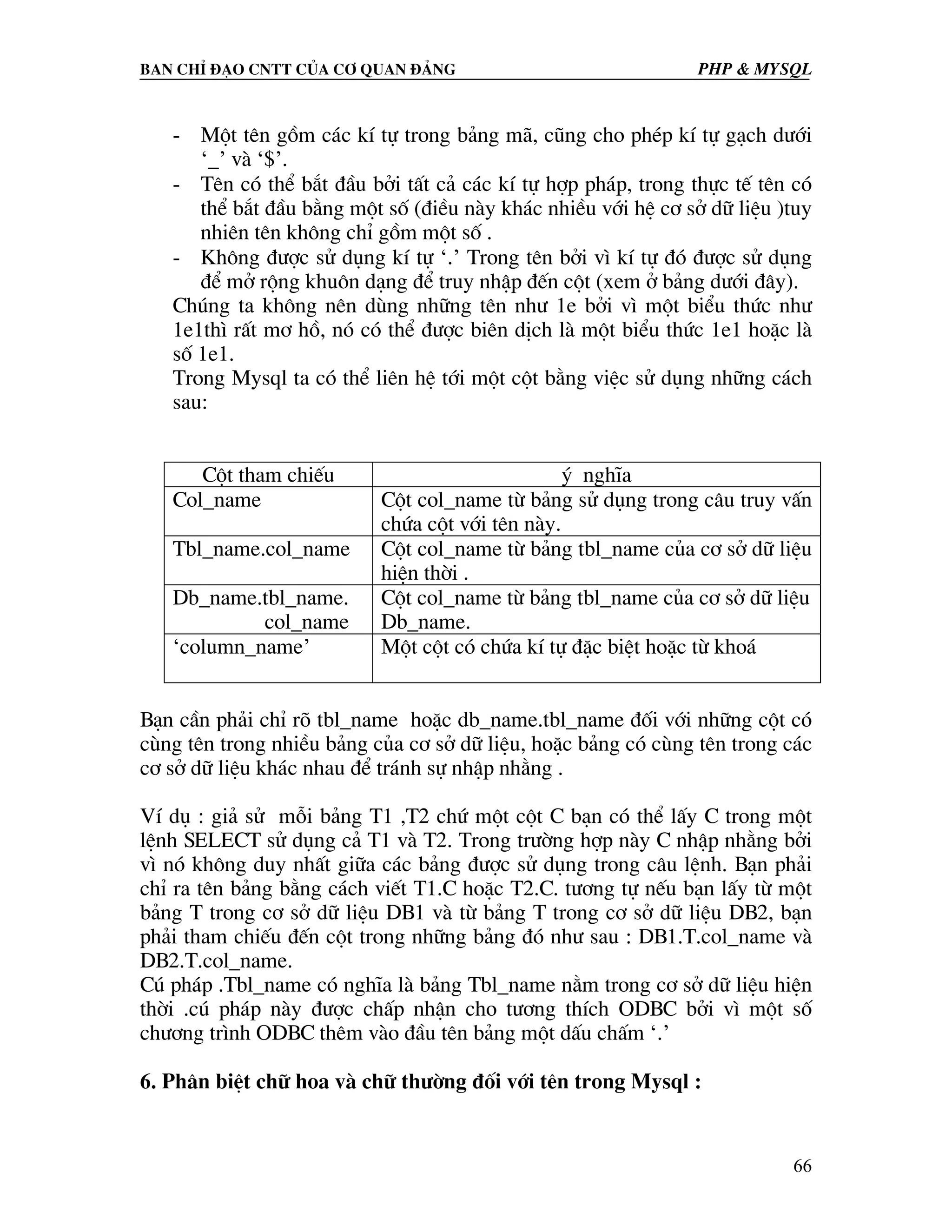 Ban chØ ®¹o cntt cña c¬ quan ®¶ng PHP & MySQL - Mét tªn gåm c¸c kÝ tù trong b¶ng m·, còng cho phÐp kÝ tù g¹ch d−íi ‘_’ vµ ‘$’. - Tªn cã thÓ b¾t ®Çu bëi tÊt c¶ c¸c kÝ tù hîp ph¸p, trong thùc tÕ tªn cã thÓ b¾t ®Çu b»ng mét sè (®iÒu nµy kh¸c nhiÒu víi hÖ c¬ së d÷ liÖu )tuy nhiªn tªn kh«ng chØ gåm mét sè . - Kh«ng ®−îc sö dông kÝ tù ‘.’ Trong tªn bëi v× kÝ tù ®ã ®−îc sö dông ®Ó më réng khu«n d¹ng ®Ó truy nhËp ®Õn cét (xem ë b¶ng d−íi ®©y). Chóng ta kh«ng nªn dïng nh÷ng tªn nh− 1e bëi v× mét biÓu thøc nh− 1e1th× rÊt m¬ hå, nã cã thÓ ®−îc biªn dÞch lµ mét biÓu thøc 1e1 hoÆc lµ sè 1e1. Trong Mysql ta cã thÓ liªn hÖ tíi mét cét b»ng viÖc sö dông nh÷ng c¸ch sau: Cét tham chiÕu ý nghÜa Col_name Cét col_name tõ b¶ng sö dông trong c©u truy vÊn chøa cét víi tªn nµy. Tbl_name.col_name Cét col_name tõ b¶ng tbl_name cña c¬ së d÷ liÖu hiÖn thêi . Db_name.tbl_name. Cét col_name tõ b¶ng tbl_name cña c¬ së d÷ liÖu col_name Db_name. ‘column_name’ Mét cét cã chøa kÝ tù ®Æc biÖt hoÆc tõ kho¸ B¹n cÇn ph¶i chØ râ tbl_name hoÆc db_name.tbl_name ®èi víi nh÷ng cét cã cïng tªn trong nhiÒu b¶ng cña c¬ së d÷ liÖu, hoÆc b¶ng cã cïng tªn trong c¸c c¬ së d÷ liÖu kh¸c nhau ®Ó tr¸nh sù nhËp nh»ng . VÝ dô : gi¶ sö mçi b¶ng T1 ,T2 chø mét cét C b¹n cã thÓ lÊy C trong mét lÖnh SELECT sö dông c¶ T1 vµ T2. Trong tr−êng hîp nµy C nhËp nh»ng bëi v× nã kh«ng duy nhÊt gi÷a c¸c b¶ng ®−îc sö dông trong c©u lÖnh. B¹n ph¶i chØ ra tªn b¶ng b»ng c¸ch viÕt T1.C hoÆc T2.C. t−¬ng tù nÕu b¹n lÊy tõ mét b¶ng T trong c¬ së d÷ liÖu DB1 vµ tõ b¶ng T trong c¬ së d÷ liÖu DB2, b¹n ph¶i tham chiÕu ®Õn cét trong nh÷ng b¶ng ®ã nh− sau : DB1.T.col_name vµ DB2.T.col_name. Có ph¸p .Tbl_name cã nghÜa lµ b¶ng Tbl_name n»m trong c¬ së d÷ liÖu hiÖn thêi .có ph¸p nµy ®−îc chÊp nhËn cho t−¬ng thÝch ODBC bëi v× mét sè ch−¬ng tr×nh ODBC thªm vµo ®Çu tªn b¶ng mét dÊu chÊm ‘.’ 6. Ph©n biÖt ch÷ hoa vµ ch÷ th−êng ®èi víi tªn trong Mysql : 66 