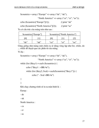 Ban chØ ®¹o cntt cña c¬ quan ®¶ng PHP & MySQL
27
$countries = array (“Europs” => array (“de”, “uk”),
“North America” => array (“ca”, “cr”, “us”));
echo ($countries[“Europs”][1]); // print “uk”
echo ($countries[“North America”][2]); // print “us”
Ta cã cÊu tróc cña m¶ng trªn nh− sau :
$countries[“Europs”] $countries[“North America”]
[0] [1] [0] [1] [2]
“de” “uk” “ca” “cr” “us”
Còng gièng nh− m¶ng mét chiÒu ta sÏ dïng vßng lÆp nh− for, while, do
... while ®Ó duyÖt qua c¸c phÇn tö cña m¶ng.
VÝ dô :
$countries = array (“Europs” => array (“de”, “uk”),
“North America” => array (“ca”, “cr”, “us”));
while (list ($key1) = each ($countries)) {
echo (“$key1 : <BR>n”);
while (list ($key2, $val) = each($countries[“$key1”])) {
echo (“ - $val <BR>n”)
}
}
Khi ch¹y ch−¬ng tr×nh sÏ in ra mµn h×nh lµ :
Europ :
- de
- uk
North America :
- ca
- cr
- us
 