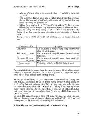 Ban chØ ®¹o cntt cña c¬ quan ®¶ng PHP & MySQL
66
- Mét tªn gåm c¸c kÝ tù trong b¶ng m·, còng cho phÐp kÝ tù g¹ch d−íi
‘_’ vµ ‘$’.
- Tªn cã thÓ b¾t ®Çu bëi tÊt c¶ c¸c kÝ tù hîp ph¸p, trong thùc tÕ tªn cã
thÓ b¾t ®Çu b»ng mét sè (®iÒu nµy kh¸c nhiÒu víi hÖ c¬ së d÷ liÖu )tuy
nhiªn tªn kh«ng chØ gåm mét sè .
- Kh«ng ®−îc sö dông kÝ tù ‘.’ Trong tªn bëi v× kÝ tù ®ã ®−îc sö dông
®Ó më réng khu«n d¹ng ®Ó truy nhËp ®Õn cét (xem ë b¶ng d−íi ®©y).
Chóng ta kh«ng nªn dïng nh÷ng tªn nh− 1e bëi v× mét biÓu thøc nh−
1e1th× rÊt m¬ hå, nã cã thÓ ®−îc biªn dÞch lµ mét biÓu thøc 1e1 hoÆc lµ
sè 1e1.
Trong Mysql ta cã thÓ liªn hÖ tíi mét cét b»ng viÖc sö dông nh÷ng c¸ch
sau:
Cét tham chiÕu ý nghÜa
Col_name Cét col_name tõ b¶ng sö dông trong c©u truy vÊn
chøa cét víi tªn nµy.
Tbl_name.col_name Cét col_name tõ b¶ng tbl_name cña c¬ së d÷ liÖu
hiÖn thêi .
Db_name.tbl_name.
col_name
Cét col_name tõ b¶ng tbl_name cña c¬ së d÷ liÖu
Db_name.
‘column_name’ Mét cét cã chøa kÝ tù ®Æc biÖt hoÆc tõ kho¸
B¹n cÇn ph¶i chØ râ tbl_name hoÆc db_name.tbl_name ®èi víi nh÷ng cét cã
cïng tªn trong nhiÒu b¶ng cña c¬ së d÷ liÖu, hoÆc b¶ng cã cïng tªn trong c¸c
c¬ së d÷ liÖu kh¸c nhau ®Ó tr¸nh sù nhËp nh»ng .
VÝ dô : gi¶ sö mçi b¶ng T1 ,T2 chø mét cét C b¹n cã thÓ lÊy C trong mét
lÖnh SELECT sö dông c¶ T1 vµ T2. Trong tr−êng hîp nµy C nhËp nh»ng bëi
v× nã kh«ng duy nhÊt gi÷a c¸c b¶ng ®−îc sö dông trong c©u lÖnh. B¹n ph¶i
chØ ra tªn b¶ng b»ng c¸ch viÕt T1.C hoÆc T2.C. t−¬ng tù nÕu b¹n lÊy tõ mét
b¶ng T trong c¬ së d÷ liÖu DB1 vµ tõ b¶ng T trong c¬ së d÷ liÖu DB2, b¹n
ph¶i tham chiÕu ®Õn cét trong nh÷ng b¶ng ®ã nh− sau : DB1.T.col_name vµ
DB2.T.col_name.
Có ph¸p .Tbl_name cã nghÜa lµ b¶ng Tbl_name n»m trong c¬ së d÷ liÖu hiÖn
thêi .có ph¸p nµy ®−îc chÊp nhËn cho t−¬ng thÝch ODBC bëi v× mét sè
ch−¬ng tr×nh ODBC thªm vµo ®Çu tªn b¶ng mét dÊu chÊm ‘.’
6. Ph©n biÖt ch÷ hoa vµ ch÷ th−êng ®èi víi tªn trong Mysql :
 
