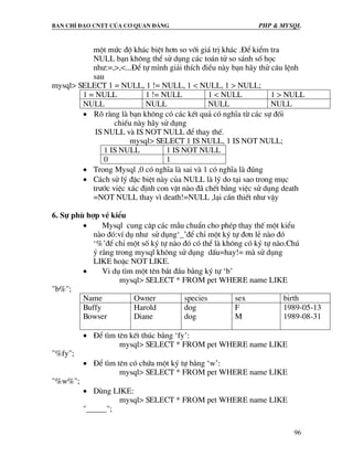 Ban chØ ®¹o cntt cña c¬ quan ®¶ng PHP & MySQL
96
mét møc ®é kh¸c biÖt h¬n so víi gi¸ trÞ kh¸c .§Ó kiÓm tra
NULL b¹n kh«ng thÓ sö dông c¸c to¸n tö so s¸nh sè häc
nh−:=,>,<...§Ó tù m×nh gi¶i thÝch ®iÒu nµy b¹n h·y thö c©u lÖnh
sau
mysql> SELECT 1 = NULL, 1 != NULL, 1 < NULL, 1 > NULL;
1 = NULL 1 != NULL 1 < NULL 1 > NULL
NULL NULL NULL NULL
• Râ rµng lµ b¹n kh«ng cã c¸c kÕt qu¶ cã nghÜa tõ c¸c sù ®èi
chiÕu nµy h·y sö dông
IS NULL vµ IS NOT NULL ®Ó thay thÕ.
mysql> SELECT 1 IS NULL, 1 IS NOT NULL;
1 IS NULL 1 IS NOT NULL
0 1
• Trong Mysql ,0 cã nghÜa lµ sai vµ 1 cã nghÜa lµ ®óng
• C¸ch sö lý ®Æc biÖt nµy cña NULL lµ lý do t¹i sao trong môc
tr−íc viÖc x¸c ®Þnh con vËt nµo ®· chÕt b»ng viÖc sö dông death
=NOT NULL thay v× death!=NULL ,l¹i cÇn thiÕt nh− vËy
6. Sù phï hîp vÒ kiÓu
• Mysql cung c©p c¸c mÉu chuÈn cho phÐp thay thÕ mét kiÓu
nµo ®ã:vÝ dô nh− sö dông‘_’®Ó chØ mét ký tù ®¬n lÎ nµo ®ã
‘%’®Ó chØ mét sè ký tù nµo ®ã cã thÓ lµ kh«ng cã ký tù nµo.Chó
ý r»ng trong mysql kh«ng sö dông dÊu=hay!= mµ sö dông
LIKE hoÆc NOT LIKE.
• Vi dô t×m mét tªn b¾t ®Çu b»ng ký tù ‘b’
mysql> SELECT * FROM pet WHERE name LIKE
"b%";
Name Owner species sex birth
Buffy
Bowser
Harold
Diane
dog
dog
F
M
1989-05-13
1989-08-31
• §Ó t×m tªn kÕt thóc b»ng ‘fy’:
mysql> SELECT * FROM pet WHERE name LIKE
"%fy";
• §Ó t×m tªn cã chøa mét ký tù b»ng ‘w’:
mysql> SELECT * FROM pet WHERE name LIKE
"%w%";
• Dïng LIKE:
mysql> SELECT * FROM pet WHERE name LIKE
"_____";
 