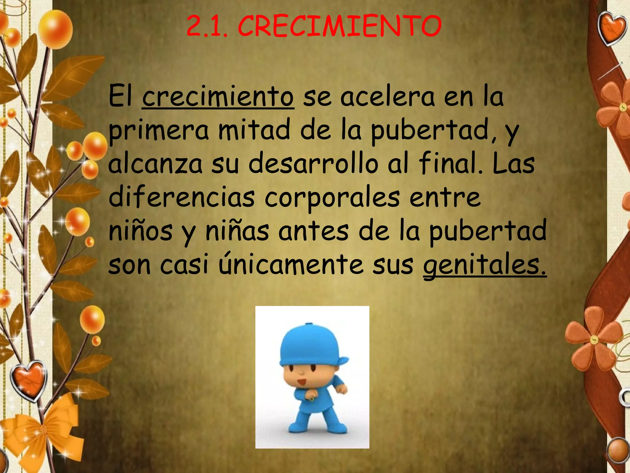 2.1. CRECIMIENTO
El crecimiento se acelera en la
primera mitad de la pubertad, y
alcanza su desarrollo al final. Las
diferencias corporales entre
niños y niñas antes de la pubertad
son casi únicamente sus genitales.

 