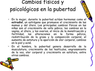 Cambios físicos y psicológicos en la pubertad En la mujer, durante la pubertad actúan hormonas como el  estradiol , un estrógeno que promueve el crecimiento de las mamas y del útero. Los principales cambios físicos en las niñas son el crecimiento de vello púbico, los cambios en la vagina, el útero, y los ovarios, el inicio de la menstruación y fertilidad, las alteraciones en la forma pélvica, redistribución de la grasa y la composición corporal, el aumento de estatura y la aparición de olor corporal, cambios en la piel y acné. En el hombre, la pubertad genera desarrollo de la musculatura, crecimiento de los testículos, engrosamiento de la voz, olor corporal y crecimiento en estatura, entre otros cambios. 