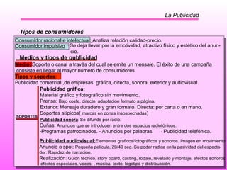 La Publicidad Tipos de consumidores Consumidor racional e intelectual:  Analiza relación calidad-precio. Consumidor impulsivo :  Se deja llevar por la emotividad, atractivo físico y estético del anun- cio. Medio:   Soporte o canal a través del cual se emite un mensaje. El éxito de una campaña consiste en llegar al mayor número de consumidores . Tipos y soportes : Publicidad comercial ,de empresas, gráfica, directa, sonora, exterior y audiovisual.   Publicidad gráfica:   Material gráfico y fotográfico sin movimiento. Prensa:  Bajo coste, directo, adaptación formato a página . Exterior :  Mensaje duradero y gran formato. Directa: por carta o en mano. Soportes atípicos(  marcas en zonas insospechadas ) Publicidad audiovisual: Elementos gráficos/fotográficos y sonoros. Imagen en movimiento. Anuncio o spot : Pequeña película, 20/40 seg. Su poder radica en la pasividad del especta- dor. Rapidez de narración. Realización : Guión técnico, story board, casting, rodaje, revelado y montaje, efectos sonoros efectos especiales, voces, , música, texto, logotipo y distribucción.  Medios y tipos de publicidad SOPORTES Publicidad sonora :  Se difunde por radio. Cuñas:  Anuncios que se introducen entre dos espacios radiofónicos. -Programas patrocinados. -   Anuncios por palabras .  -  Publicidad telefónica. 