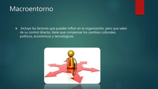 Macroentorno
 Incluye los factores que pueden influir en la organización, pero que salen
de su control directo, tiene que compensar los cambios culturales,
políticos, económicos y tecnológicos.
 