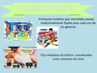 Promueve modelos que consolidan pautas
tradicionalmente fijadas para cada uno de
los géneros
Fija estándares de belleza considerados
como sinónimo de éxito
 