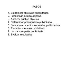 PASOS
1. Establecer objetivos publicitarios
2. Identificar público objetivo
3. Analizar público objetivo
4. Determinar presupuesto publicitario
5. Seleccionar medios o canales publicitarios
6. Redactar mensaje publicitario
7. Lanzar campaña publicitaria
8. Evaluar resultados
 
