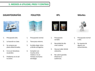 5. MEDIOS A UTILIZAR, PROS Y CONTRAS
GIGANTOGRAFÍAS FOLLETOS
1. Presupuesto alto.
2. La locación es clave.
3. Se compran por
plazos determinados.
4. Si no son llamativos
se pierden.
5. Problemas en el call
to action.
1. Presupuesto normal.
2. Tiene poco retorno.
3. Se debe elegir cómo
y dónde entregarlos.
4. Compiten con
muchos otros
medios si no se
maneja una buena
estrategia.
BTL Móviles
1. Presupuesto
variable.
2. Necesidad de alto
nivel creativo
3. Hay que saber dónde
colocarlos.
4. No cubren grandes
distancias o
audiencias.
1. Presupuesto normal
a alto.
2. Se requiere de
alguien con
conocimientos.
 