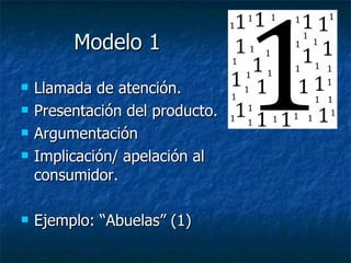 Modelo 1 Llamada de atención. Presentación del producto. Argumentación Implicación/ apelación al consumidor. Ejemplo: “Abuelas” (1) 