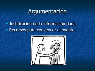 Argumentación Justificación de la información dada. Recursos para convencer al oyente. 
