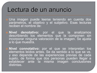 El anuncio publicitarioElementos del anuncio publicitarioLa imagen fija publicitaria Relaciones entre imagen y textoEl texto del anuncio publicitarioEl lenguaje de la publicidad