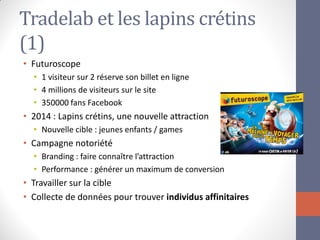 Tradelab et les lapins crétins (1) 
•Futuroscope 
•1 visiteur sur 2 réserve son billet en ligne 
•4 millions de visiteurs sur le site 
•350000 fans Facebook 
•2014 : Lapins crétins, une nouvelle attraction 
•Nouvelle cible : jeunes enfants / games 
•Campagne notoriété 
•Branding : faire connaître l’attraction 
•Performance : générer un maximum de conversion 
•Travailler sur la cible 
•Collecte de données pour trouver individus affinitaires 
 