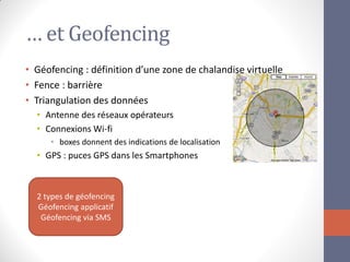 … et Geofencing 
•Géofencing : définition d’une zone de chalandise virtuelle 
•Fence : barrière 
•Triangulation des données 
•Antenne des réseaux opérateurs 
•Connexions Wi-fi 
•boxes donnent des indications de localisation 
•GPS : puces GPS dans les Smartphones 
2 types de géofencing 
Géofencing applicatif 
Géofencing via SMS  
