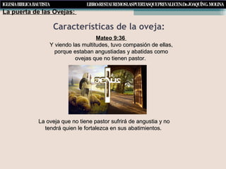 La puerta de las Ovejas:
Características de la oveja:
Mateo 9:36
Y viendo las multitudes, tuvo compasión de ellas,Y viendo las multitudes, tuvo compasión de ellas,
porque estaban angustiadas y abatidas comoporque estaban angustiadas y abatidas como
ovejas que no tienen pastor.ovejas que no tienen pastor.
La oveja que no tiene pastor sufrirá de angustia y noLa oveja que no tiene pastor sufrirá de angustia y no
tendrá quien le fortalezca en sus abatimientos.tendrá quien le fortalezca en sus abatimientos.
 