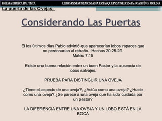 Considerando Las Puertas
La puerta de las Ovejas:
El los últimos días Pablo advirtió que aparecerían lobos rapaces queEl los últimos días Pablo advirtió que aparecerían lobos rapaces que
no perdonarían al rebaño. Hechos 20:25-29.no perdonarían al rebaño. Hechos 20:25-29.
Mateo 7:15Mateo 7:15
Existe una buena relación entre un buen Pastor y la ausencia deExiste una buena relación entre un buen Pastor y la ausencia de
lobos salvajes.lobos salvajes.
PRUEBA PARA DISTINGUIR UNA OVEJAPRUEBA PARA DISTINGUIR UNA OVEJA
¿Tiene el aspecto de una oveja?, ¿Actúa como una oveja? ¿Huele¿Tiene el aspecto de una oveja?, ¿Actúa como una oveja? ¿Huele
como una oveja? ¿Se parece a una oveja que ha sido cuidada porcomo una oveja? ¿Se parece a una oveja que ha sido cuidada por
un pastor?un pastor?
LA DIFERENCIA ENTRE UNA OVEJA Y UN LOBO ESTÁ EN LALA DIFERENCIA ENTRE UNA OVEJA Y UN LOBO ESTÁ EN LA
BOCABOCA
 