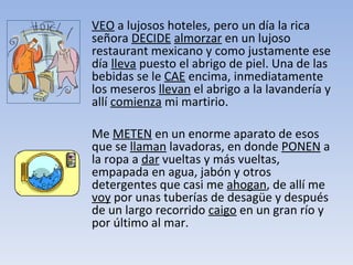 VEO  a lujosos hoteles, pero un día la rica señora  DECIDE   almorzar  en un lujoso restaurant mexicano y como justamente ese día  lleva  puesto el abrigo de piel. Una de las bebidas se le  CAE  encima, inmediatamente los meseros  llevan  el abrigo a la lavandería y allí  comienza  mi martirio.  Me  METEN  en un enorme aparato de esos que se  llaman  lavadoras, en donde  PONEN  a la ropa a  dar  vueltas y más vueltas, empapada en agua, jabón y otros detergentes que casi me  ahogan , de allí me  voy  por unas tuberías de desagüe y después de un largo recorrido  caigo  en un gran río y por último al mar. 