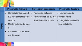 Prevención Primaria Prevención Secundaria Prevención Terciaria
Metas
 Conocimientos sobre L
ES y su alimentación c
orrecta
 Mantenimiento del pes
o
 Conexión con su siste
ma de apoyo
 Reducción del dolor
 Recuperación de su mot
ilidad intestinal normal
 Aumento de la
actividad física
 Seguimiento de una
dieta saludable
 