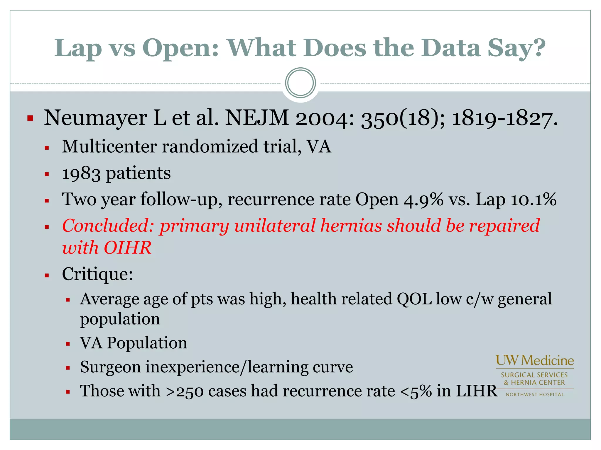 Lap vs Open: What Does the Data Say?
 Neumayer L et al. NEJM 2004: 350(18); 1819-1827.
 Multicenter randomized trial, VA
 1983 patients
 Two year follow-up, recurrence rate Open 4.9% vs. Lap 10.1%
 Concluded: primary unilateral hernias should be repaired
with OIHR
 Critique:
 Average age of pts was high, health related QOL low c/w general
population
 VA Population
 Surgeon inexperience/learning curve
 Those with >250 cases had recurrence rate <5% in LIHR
 