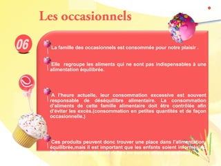 La famille des occasionnels est consommée pour notre plaisir .
Elle regroupe les aliments qui ne sont pas indispensables à une
alimentation équilibrée.
A l’heure actuelle, leur consommation excessive est souvent
responsable de déséquilibre alimentaire. La consommation
d’aliments de cette famille alimentaire doit être contrôlée afin
d’éviter les excès.(consommation en petites quantités et de façon
occasionnelle.)
Ces produits peuvent donc trouver une place dans l’alimentation
équilibrée,mais il est important que les enfants soient informés du
fait que ces aliments sont riches en sucres et/ou en graisses.
Les occasionnels
 