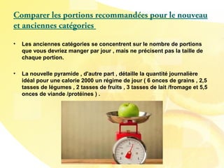 Comparer les portions recommandées pour le nouveau
et anciennes catégories
• Les anciennes catégories se concentrent sur le nombre de portions
que vous devriez manger par jour , mais ne précisent pas la taille de
chaque portion.
• La nouvelle pyramide , d'autre part , détaille la quantité journalière
idéal pour une calorie 2000 un régime de jour ( 6 onces de grains , 2,5
tasses de légumes , 2 tasses de fruits , 3 tasses de lait /fromage et 5,5
onces de viande /protéines ) .
 
