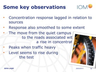 Some key observations

•   Concentration response lagged in relation to
    sources
•   Response also smoothed to some extent
•   The move from the quiet campus
           to the roads associated with
                   a rise in concentration
•   Peaks when traffic heavy
•   Level seems to rise during
          the test

SEPA LAQM                              26/03/2013   13
 