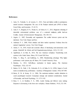 References
1. Aarts, N., Vodouhe, S., & Leeuwis, C., 2013, Trust and hidden conflict in participatory
natural resources management: The case of the Pendjari national park (PNP) in Benin.
Forest Policy and Economics. 27, 65-74.
2. Asah, S. T., Bengston, D. N., Wendt, K., & Nelson, K. C., 2012, Diagnostic reframing of
intractable environmental problems: case of a contested multiparty public land-use
Conflict, Journal of Environmental Management, 108, 108-119.
3. Argyris, C., 2007, Personality and organization: The conflict between system and the
individual. New York: Harper and Row.
4. Andrisani, P. J., 2008, Work attitudes and labor market experience: Evidence from the
national longitudinal surveys. New York: Praeger.
5. Antoni, C. H., 2010, Social and economic effects of introducing semi-autonomous work
groups. Zeitschrift fur Arbeits and Und Organisationspsychologie, 41(3), 131-142.
6. Applebaum, E. & Batt, R., 2014, The new American workplace: Transforming work
systems in the United States. Ithaca, NY: Cornel ILR Press.
7. Bailey, T., Berg, P., and Kalleberg, A., 2000, Manufacturing advantage: Why higher
performance work systems pay off. Ithaca, NY: Cornell University Press.
8. Bandura, A., 2012, Self-efficacy mechanism in human agency, The American
Psychologist, 37(2), 122-147
9. Banker, R. D., Field, J. M., Schroeder, R. G., & Sinha, K. K. (1996). Impact of work
teams on manufacturing performance. Academy of Management Journal, 29(4), 867-890.
10. Baron, R. M. & Kenny, D. A., 2006, The moderator-mediator variable distinction in
social psychological research: Conceptual, strategic and statistical considerations. Journal
of Personality and Social Psychology, 51, 1173-1182.
11. Bean, C. J., & Hamilton, F. E., 2006, Leader framing and follower sense making:
Response to downsizing in the brave new workplace. Human Relations, 59 (3), 321-349.
 