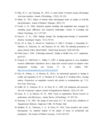 35. Elloy, D. F., and Terpening, W., 2010, A causal model of burnout among self-managed
work team members. Journal of Psychology, 135(3), 321-334.
36. Elmuti, D., 2013, Impact of Internet aided self-managed teams on quality of work-life
and performance. Journal of Business Strategies, 20(2), 119.
37. Farrell, A. D., 2004, Structural equation modeling with longitudinal data: strategies for
examining group differences and reciprocal relationships. Journal of Consulting and
Clinical Psychology, 62, 3, 477-487.
38. Esacove, A. W., 2004, Dialogic framing: The framing/counter-framing of ‘partial-birth’
abortion. Sociological Inquiry, 74 (1), 70-101.
39. Eys, M. A., Bray, S., Dorsch, K., Estabrooks, P., Hall, C. R.,Hardy, J., Hausenblas, H.,
Madison, R., Paskevich, D., and Patterson, M. M., 2003, Do individual perceptions of
group cohesion reflect shared beliefs?, Small Group Research, 34(4), 468-496.
40. Firth-Cozens J 1998, ‘Celebrating teamwork’, Quality in Health Care, vol 7, supplement,
pp S3-S7.
41. François, G., Pahl-Wostl, C., Taillieu, T., 2007, A framing approach to cross disciplinary
research collaboration: Experiences from a large-scale research project on adaptive water
management. Ecology and Society, 12 (2), 14. [online] URL:
http://www.ecologyandsociety.org/vol12/iss2/art14/
42. Gray B., Putnam, L., & Bouwen, R., 2011a, An interactional approach to framing in
conflict and negotiation. In W. A. Donohue, R. G. Rogan & S. Kaufman (Eds.), Framing
matters: Perspectives on negotiation research and practice in communication, pp. 7-33,
New York: Peter Lang
43. Griffin, M. A., Patterson, M. G., & West, M. A., 2009, Job satisfaction and teamwork:
The role of supervisor support. Journal of Organizational Behavior, 22(5), 537-550.
44. Guzzo, R. A. & Dickson, M. W., 2006, Teams in organizations: Recent research on
performance and effectiveness. Annual Review of Psychology, 47, 307-338.
45. Hackman, J. R., 2007, The design of work teams. In J. W. Lorsch (Ed.), Handbook of
Organizational Behavior, Englewood Cliffs, NJ: Prentice Hall.
46. Hamilton, B. H., Nickerson, J. A., & Owan, H., 2010, Team incentives and worker
heterogeneity: An empirical analysis of the impact of teams on productivity and
participation. The Journal of Political Economy, 111(3), 465-497.
 