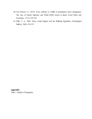 60. Van Paassen, A., 2011b, From cohesion to conflict in participatory forest management:
The case of Ouémé Supérieur and N'Dali (OSN) forests in Benin. Forest Policy and
Economics, 13 (7), 525-534.
61. Wills, T. A., 2005, Stress, Social Support and the Buffering Hypothesis, Psychological
Bulletin, 98(2), 310-357.
Appendix
Table 1: Models of Negotiation
 