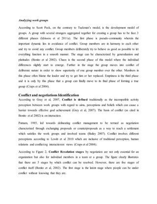 Analyzing work groups
According to Scott Peck, on the contrary to Tuckman’s model, is the development model of
groups. A group with several strangers aggregated together for creating a group has to be face 3
different phases (Idrissou et al 2011a). The first phase is pseudo-community wherein the
important dynamic lies in avoidance of conflict. Group members are in harmony to each other
and try to avoid any conflict. Group members deliberately try to behave as good as possible to let
everything function in a smooth manner. The stage can be characterized by generalization and
platitudes (Bonito et al 2002). Chaos is the second phase of this model where the individual
differences slightly start to emerge. Further in the stage the group moves into conflict of
deliberate nature in order to show superiority of one group member over the other. Members in
this phase often blame the leader and try to get him or her replaced. Emptiness is the third phase
and it is only by this phase that a group can finally move to its final phase of forming a true
group (Craps et al 2004).
Conflict and negotiations Identification
According to Gray et al, 2007, Conflict is defined traditionally as the incompatible activity
perception between work groups with regard to aims, perceptions and beliefs which can cause a
barrier towards effective goal achievement (Grey et al, 2007). The basis of conflict (as cited in
Bonito et al 2002) is on interaction.
Putnam, 1985, led towards delineating conflict management to be termed as negotiation
characterized through exchanging proposals or counterproposals as a way to reach a settlement
which satisfies the work groups and involved teams (Bailey 2007). Conflict involves different
perceptions according to Lewitt et al 2010 which are inclusive of traditional perception, human
relations and conflicting interactionist views (Craps et al 2004).
According to Figure 2, Conflict Resolution stages by negotiation are not only essential for an
organization but also for individual members in a team or a group. The figure clearly illustrates
that there are 5 stages by which conflict can be resolved. However, there are five stages of
conflict itself (Bonito et al, 2002). The first stage is the latent stage where people can be under
conflict without knowing that they are.
 