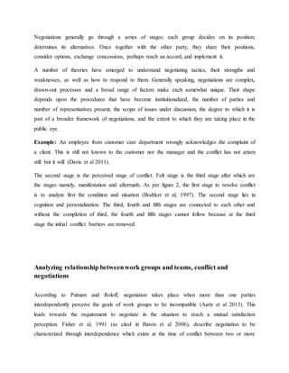 Negotiations generally go through a series of stages: each group decides on its position;
determines its alternatives. Once together with the other party, they share their positions,
consider options, exchange concessions, perhaps reach an accord, and implement it.
A number of theories have emerged to understand negotiating tactics, their strengths and
weaknesses, as well as how to respond to them. Generally speaking, negotiations are complex,
drawn-out processes and a broad range of factors make each somewhat unique. Their shape
depends upon the procedures that have become institutionalized, the number of parties and
number of representatives present, the scope of issues under discussion, the degree to which it is
part of a broader framework of negotiations, and the extent to which they are taking place in the
public eye.
Example: An employee from customer care department wrongly acknowledges the complaint of
a client. This is still not known to the customer nor the manager and the conflict has not arisen
still but it will (Davis et al 2011).
The second stage is the perceived stage of conflict. Felt stage is the third stage after which are
the stages namely, manifestation and aftermath. As per figure 2, the first stage to resolve conflict
is to analyze first the condition and situation (Bodtker et al, 1997). The second stage lies in
cognition and personalization. The third, fourth and fifth stages are connected to each other and
without the completion of third, the fourth and fifth stages cannot follow because at the third
stage the initial conflict barriers are removed.
Analyzing relationship betweenwork groups and teams, conflict and
negotiations
According to Putnam and Roloff, negotiation takes place when more than one parties
interdependently perceive the goals of work groups to be incompatible (Aarts et al 2013). This
leads towards the requirement to negotiate in the situation to reach a mutual satisfaction
perception. Fisher et al, 1991 (as cited in Baron et al 2006), describe negotiation to be
characterized through interdependence which exists at the time of conflict between two or more
 