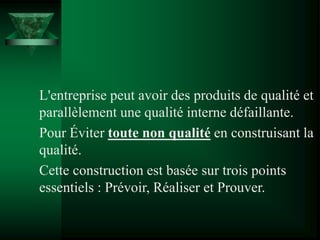 L'entreprise peut avoir des produits de qualité et
parallèlement une qualité interne défaillante.
Pour Éviter toute non qualité en construisant la
qualité.
Cette construction est basée sur trois points
essentiels : Prévoir, Réaliser et Prouver.
 