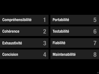 Compréhensibilité   1   Portabilité      5
Cohérence           2   Testabilité      6
Exhaustivité        3   Fiabilité        7
Concision           4   Maintenabilité   8

                                             44
 