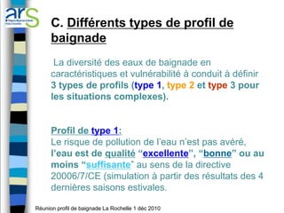 C. Différents types de profil de
      baignade
       La diversité des eaux de baignade en
      caractéristiques et vulnérabilité à conduit à définir
      3 types de profils (type 1, type 2 et type 3 pour
      les situations complexes).


      Profil de type 1:
      Le risque de pollution de l’eau n’est pas avéré,
      l’eau est de qualité “excellente”, “bonne” ou au
      moins “suffisante” au sens de la directive
      20006/7/CE (simulation à partir des résultats des 4
      dernières saisons estivales.

Réunion profil de baignade La Rochelle 1 déc 2010
 
