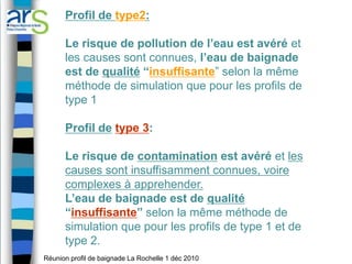 Profil de type2:

      Le risque de pollution de l’eau est avéré et
      les causes sont connues, l’eau de baignade
      est de qualité “insuffisante” selon la même
      méthode de simulation que pour les profils de
      type 1

      Profil de type 3:

      Le risque de contamination est avéré et les
      causes sont insuffisamment connues, voire
      complexes à apprehender.
      L’eau de baignade est de qualité
      “insuffisante” selon la même méthode de
      simulation que pour les profils de type 1 et de
      type 2.
Réunion profil de baignade La Rochelle 1 déc 2010
 
