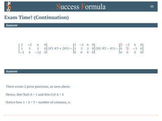 Exam Time! (Continuation)
Answer
1 −2 6 0
1 3 3 0
−2 4 −12 0
𝑅3: 𝑅3 + 2𝑅1 ~
1 −2 6 0
1 3 3 0
0 0 0 0
𝑅2: 𝑅2 − 𝑅1 ~
1 −2 6 0
0 5 −3 0
0 0 0 0
53
Answer
There exists 2 pivot positions, as seen above.
Hence, dim Null A = 1 and dim Col A = 2
Notice how 1 + 2 = 3 = number of columns, n.
 