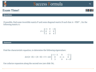 Answers
Question
Exam Time!
If possible, find some invertible matrix P and some diagonal matrix D such that A = PDP-1 , for the
following matrix A:
𝐴 =
−1 0 −2
0 2 0
3 0 4
71
Find the characteristic equation, to determine the following eigenvalues:
𝑑𝑒𝑡 A− λI = A− λI = 0 = 𝑑𝑒𝑡
−1 − λ 0 −2
0 2 − λ 0
3 0 4 − λ
Use cofactor expansion along the second row (see slide 34).
 