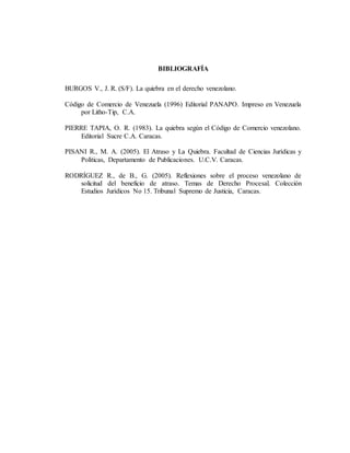 BIBLIOGRAFÍA
BURGOS V., J. R. (S/F). La quiebra en el derecho venezolano.
Código de Comercio de Venezuela (1996) Editorial PANAPO. Impreso en Venezuela
por Litho-Tip, C.A.
PIERRE TAPIA, O. R. (1983). La quiebra según el Código de Comercio venezolano.
Editorial Sucre C.A. Caracas.
PISANI R., M. A. (2005). El Atraso y La Quiebra. Facultad de Ciencias Jurídicas y
Políticas, Departamento de Publicaciones. U.C.V. Caracas.
RODRÍGUEZ R., de B., G. (2005). Reflexiones sobre el proceso venezolano de
solicitud del beneficio de atraso. Temas de Derecho Procesal. Colección
Estudios Jurídicos No 15. Tribunal Supremo de Justicia, Caracas.
 