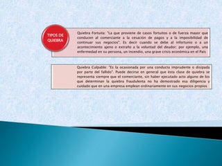 Quiebra Fortuita: "La que proviene de casos fortuitos o de fuerza mayor que
conducen al comerciante a la cesación de pagos y a la imposibilidad de
continuar sus negocios". Es decir cuando se debe al infortunio o a un
acontecimiento ajeno o extraño a la voluntad del deudor; por ejemplo, una
enfermedad en su persona, un incendio, una grave crisis económica en el País
Quiebra Culpable: "Es la ocasionada por una conducta imprudente o disipada
por parte del fallido". Puede decirse en general que ésta clase de quiebra se
representa siempre que el comerciante, sin haber ejecutado acto alguno de los
que determinan la quiebra fraudulenta no ha demostrado esa diligencia y
cuidado que en una empresa emplean ordinariamente en sus negocios propios
TIPOS DE
QUIEBRA
 