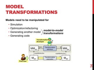 MODEL
TRANSFORMATIONS
Models need to be manipulated for
• Simulation
• Optimization/refactoring
• Generating another model
• Generating code
14
MMsrc MMtar
Msrc Mtar
Transformation
definition
from to
«conforms to» «conforms to»
Transformation
execution
Transformation
developer
Final user
model-to-model
transformations
 