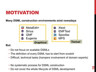 MOTIVATION
18
Many DSML construction environments exist nowadays
But:
• Do not focus on scalable DSMLs
• The definition of every DSML has to start from scratch
• Difficult, technical tasks (hampers involvement of domain experts)
• No systematic process for DSML construction
• Do not cover the whole lifecycle of DSML development
 Xtext
 EMFText
 Spoofax
 MPS
 MetaEdit+
 Sirius
 GMF
 Eugenia
Graphical Textual
 