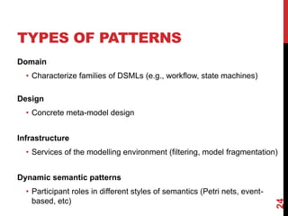 TYPES OF PATTERNS
Domain
• Characterize families of DSMLs (e.g., workflow, state machines)
Design
• Concrete meta-model design
Infrastructure
• Services of the modelling environment (filtering, model fragmentation)
Dynamic semantic patterns
• Participant roles in different styles of semantics (Petri nets, event-
based, etc)
24
 