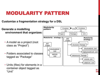 MODULARITY PATTERN
27
Customize a fragmentation strategy for a DSL
Generate a modelling
environment that organizes:
• A model as a project (root
class as “Project”)
• Folders associated to classes
tagged as “Package”
• Units (files) for elements in a
container object tagged as
“Unit”
 