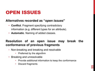 OPEN ISSUES
Alternatives recorded as “open issues”
• Conflict. Fragment specifying contradictory
information (e.g. different types for an attribute).
• Automatic. Naming of added classes.
Resolution of an open issue may break the
conformance of previous fragments
• Non-breaking and breaking and resolvable
• Preferred by the algorithm
• Breaking and unresolvable
• Provide additional information to keep the conformance
• Discard fragments
55
 