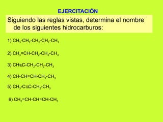 EJERCITACIÓN
Siguiendo las reglas vistas, determina el nombre
de los siguientes hidrocarburos:
1) CH3-CH2-CH2-CH2-CH3
2) CH3=CH-CH2-CH2-CH3
3) CH=C-CH2-CH2-CH3
4) CH-CH=CH-CH2-CH3
5) CH3-C=C-CH2-CH3
6) CH2=CH-CH=CH-CH3
 