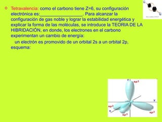 o Tetravalencia: como el carbono tiene Z=6, su configuración
electrónica es:_________________. Para alcanzar la
configuración de gas noble y lograr la estabilidad energética y
explicar la forma de las moléculas, se introduce la TEORIA DE LA
HIBRIDACIÓN, en donde, los electrones en el carbono
experimentan un cambio de energía:
un electrón es promovido de un orbital 2s a un orbital 2p,
esquema:
 