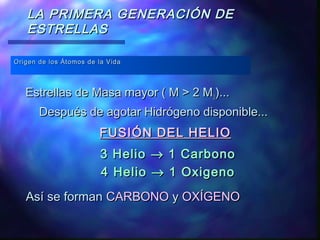 LA PRIMERA GENERACIÓN DE
ESTRELLAS
Origen de los Átomos de la Vida

Estrellas de Masa mayor ( M > 2 M)...
Después de agotar Hidrógeno disponible...

FUSIÓN DEL HELIO
3 Helio → 1 Carbono
4 Helio → 1 Oxigeno
Así se forman CARBONO y OXÍGENO

 