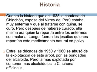 Historia


Cuenta la historia que en 1638 la condesa de
Chinchón, esposa del Virrey del Perú estaba
muy enferma y que al tratarse con quina, se
curó. Pero después de haberse curado, ella
misma era quien la repartía entre los enfermos
con malaria. Luego, fueron los jesuitas quienes
repartían este medicamento natural en polvo.



Entre las décadas de 1950 y 1960 se abusó de
la explotación de este árbol, por las bondades
del alcaloide. Pero la más explotada por
contener más alcaloide es la Cinchona
officinalis.

 